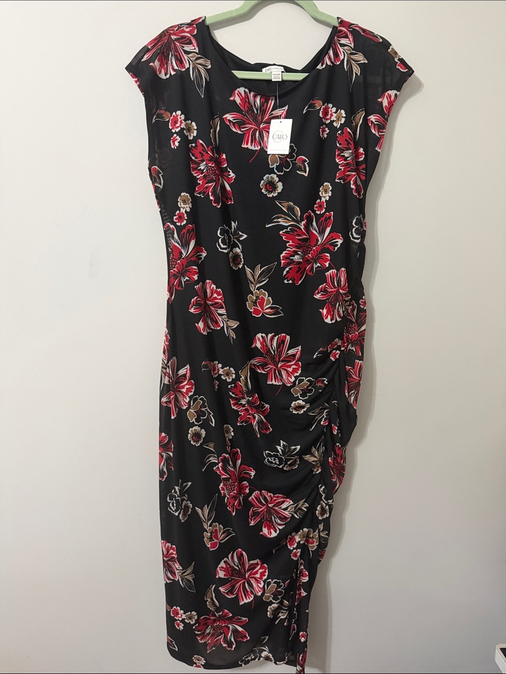 Cato Black Midi Dress with Red and Tan Floral Print